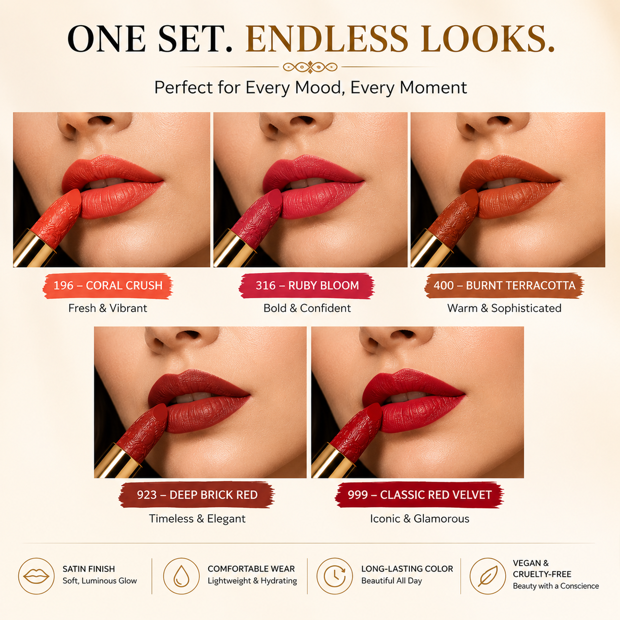 Soft Mist Satin Lipstick Set with Five Vegan Shades