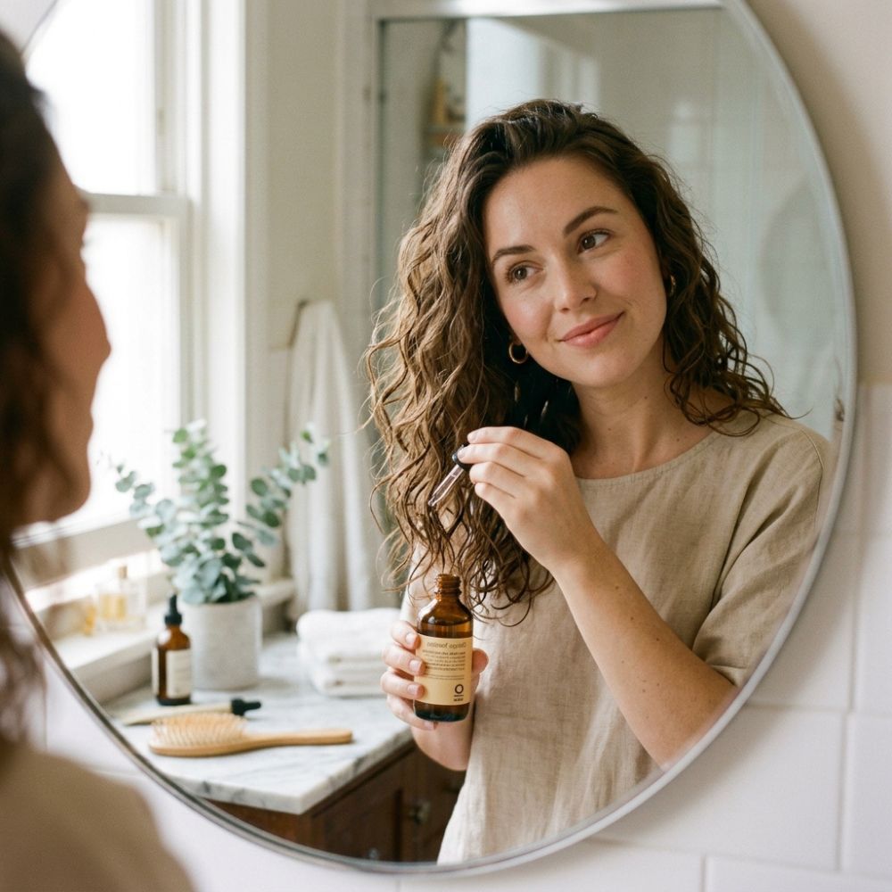 woman applying nourishing hair serum oil to curly hair in bathroom mirror