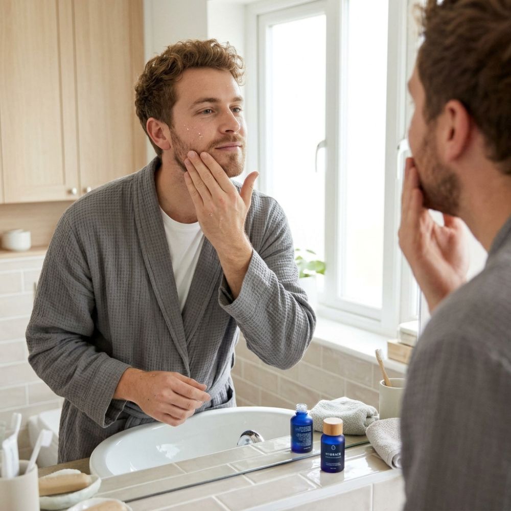 man in gray robe applying face moisturizer while looking in bathroom mirror

