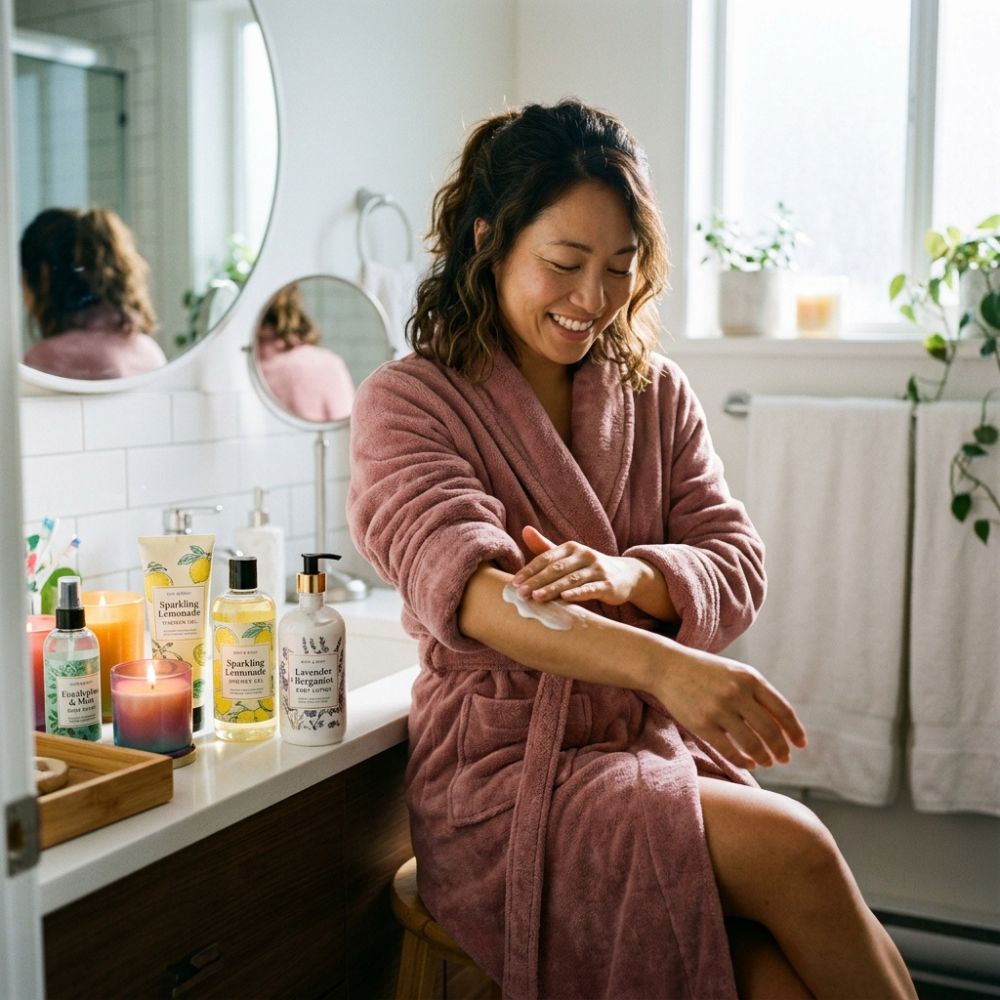  smiling woman in pink robe applying moisturizing lotion on arm