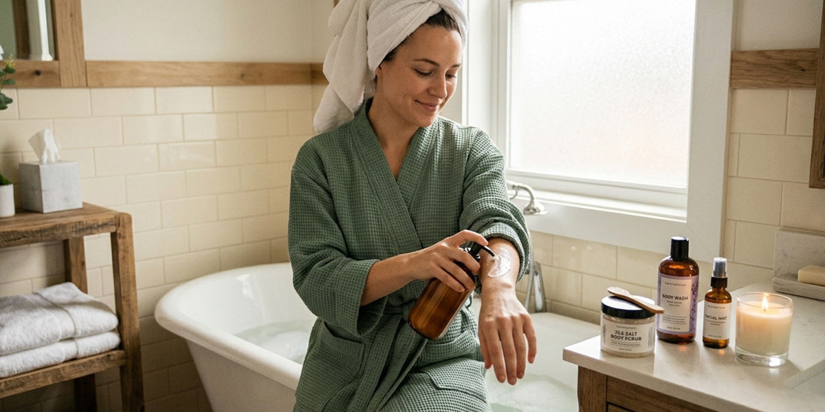 woman in green robe applying body spray near bathtub at home