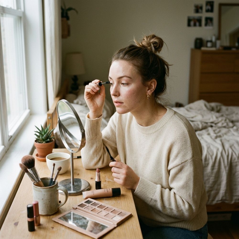 woman applying mascara at wooden vanity with makeup brushes and palette

