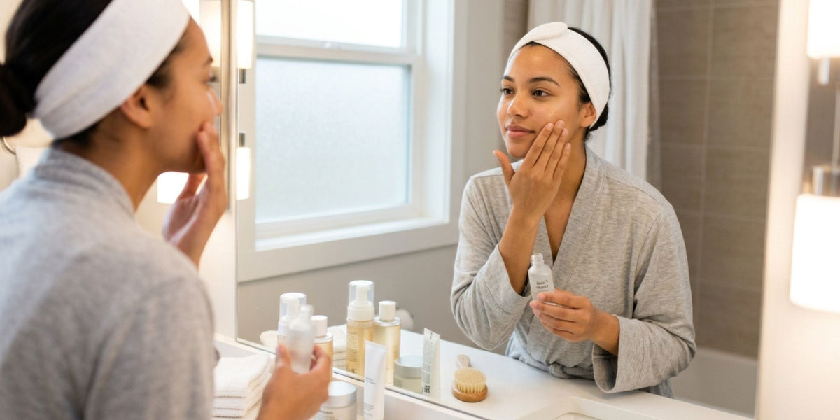 woman applying facial serum while looking in bathroom mirror